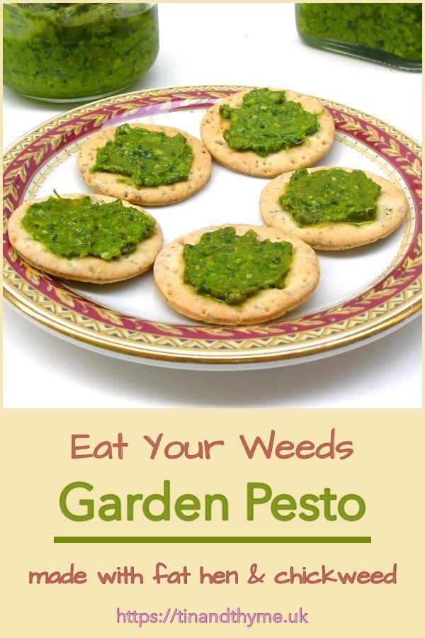 Eat Your Weeds Garden Pesto spread onto top of a plate of crackers.