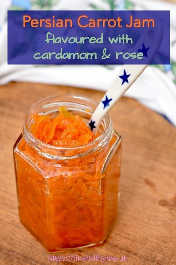 Jar of Persian carrot jam flavoured with cardamom and rose.