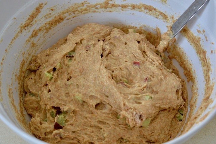 Spelt rhubarb muffin batter in mixing bowl.