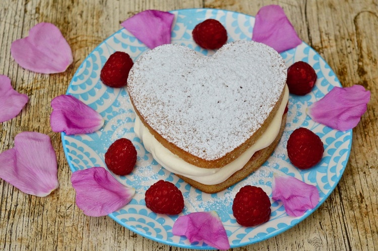 Heart shaped raspberry cream sponge cake surrounded by fresh raspberries and rose petals.