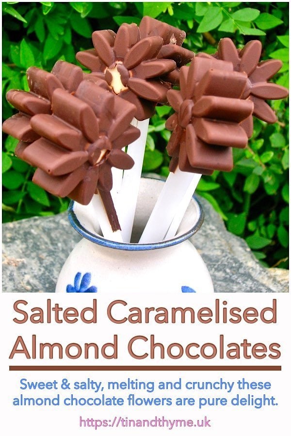 Vase of salted caramelised almond chocolate flowers.