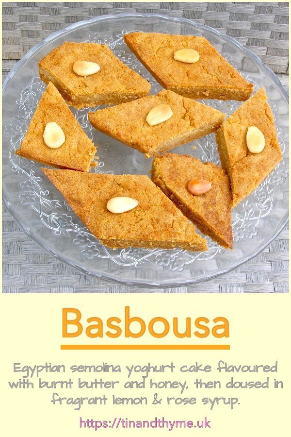 Pieces of diamond shaped basbousa - an Egyptian semolina yoghurt cake.