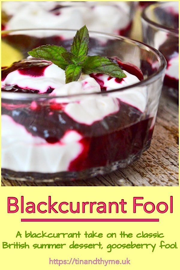 Glass bowl containing swirled blackcurrant fool with a sprig of fresh mint.