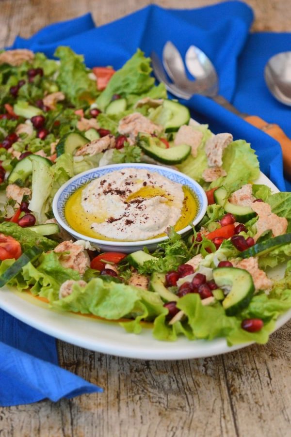 Fattoush with Pomegranate and Sumac Hummus in a Bowl. One of 31 Healthy Vegan Recipes.