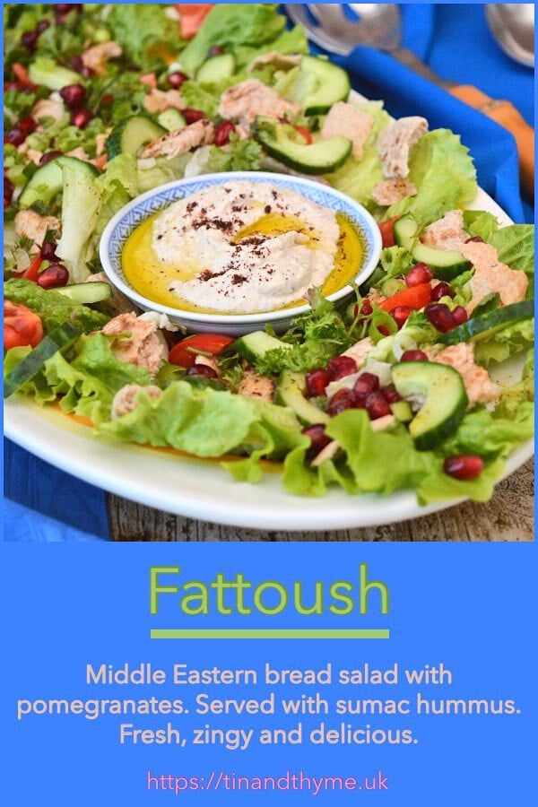 Fattoush with Pomegranate & Sumac Hummus in a Bowl.