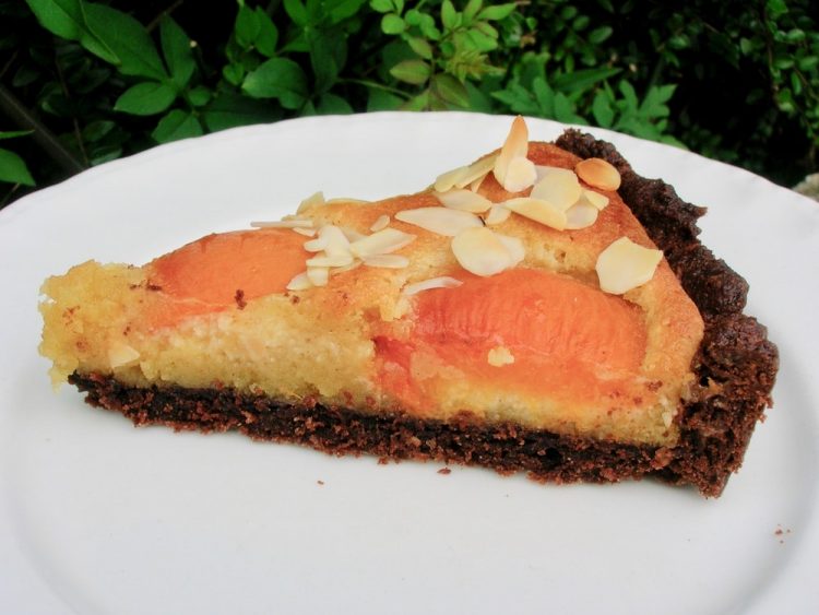 Slice of apricot frangipane tart with cocoa crust.