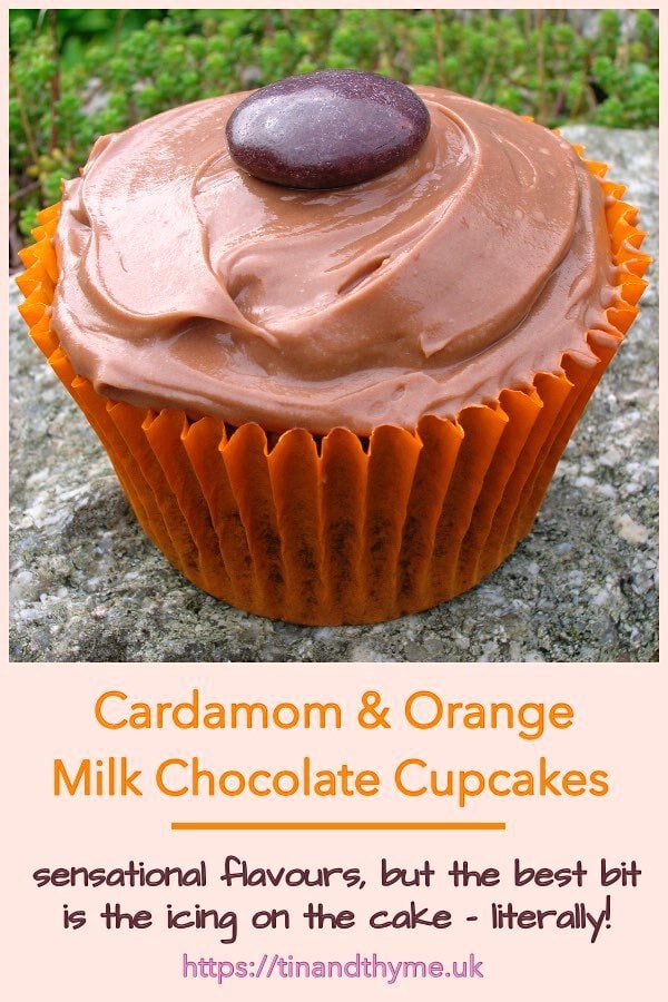 A cardamom and orange milk chocolate cupcake.