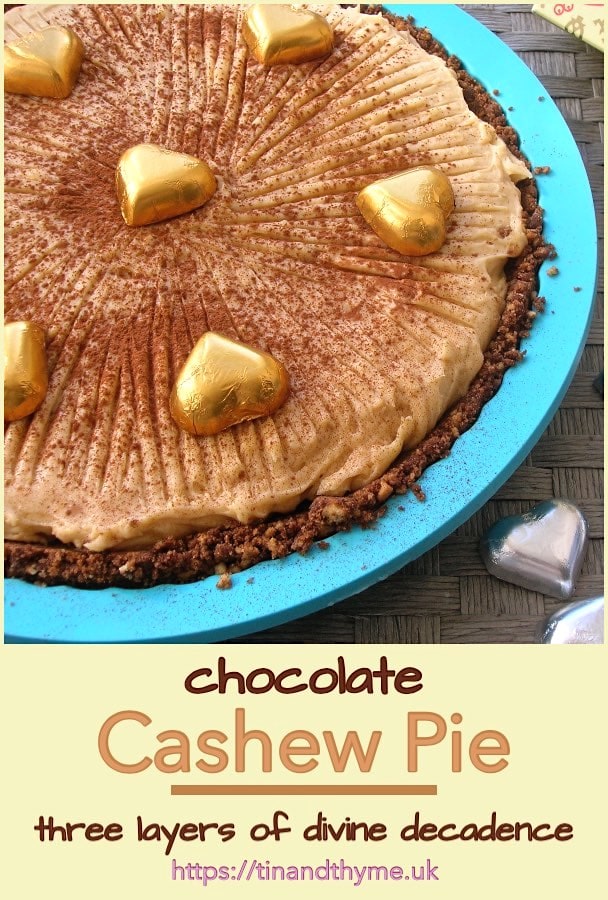 Chocolate Cashew Pie with golden hearts.