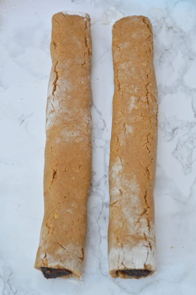 Two rolls of fig paste in pastry casing.