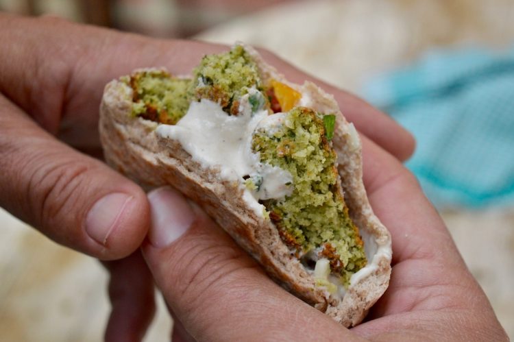 Homemade falafel in a pitta bread sandwich.