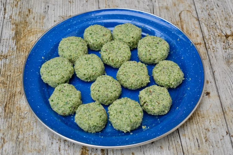 Homemade fava bean falafel patties prior to cooking.