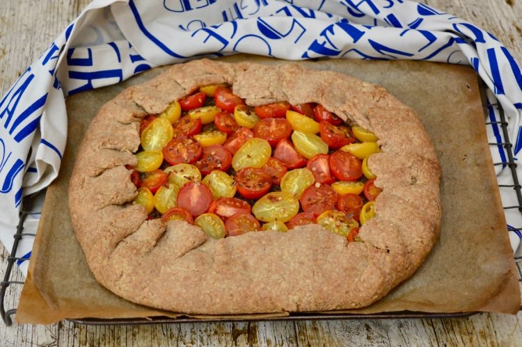Baked tomato galette with wholemeal spelt pastry.