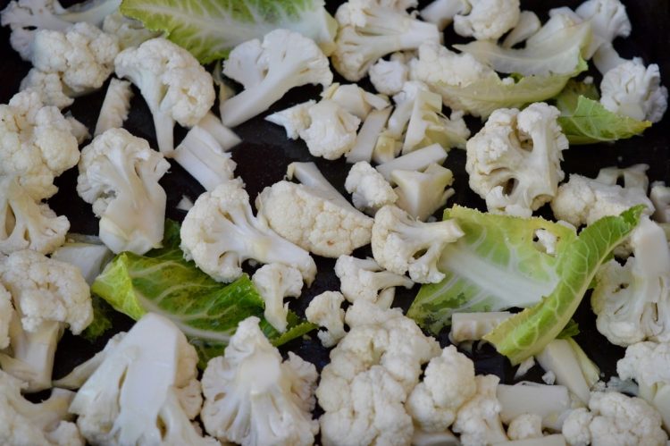 Cauliflower florets ready for roasting.