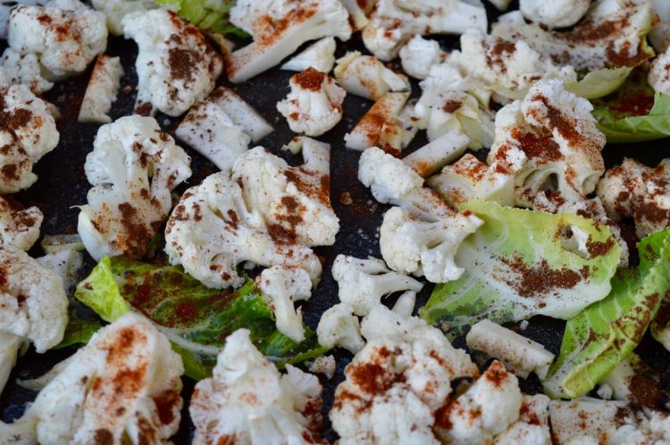 Cauliflower Florets with Smoked Paprika & Cocoa ready for roasting.