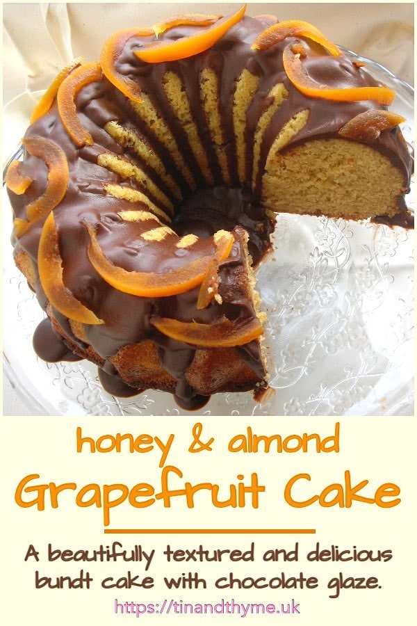 Grapefruit and Honey Almond Cake with Chocolate Glaze and Candied Peel.
