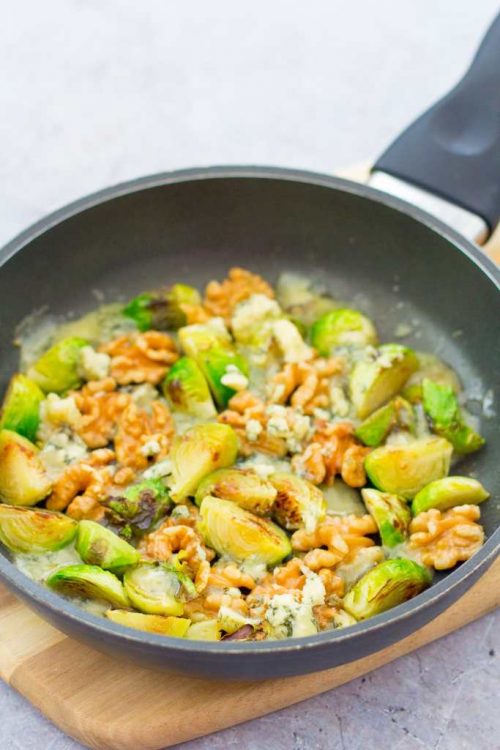 Pan fried sprouts with walnuts, honey & stilton.
