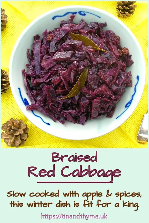 A dish of Braised Red Cabbage with text reading " slow cooked with apple & spices, this winter dish is fit for a king".