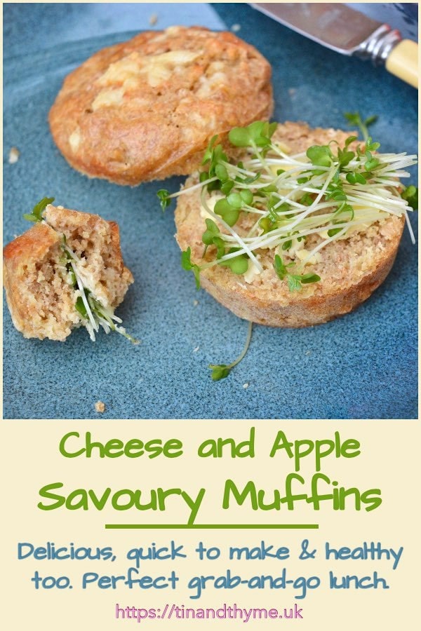 A savoury cheese and apple muffin halved with fresh cress.