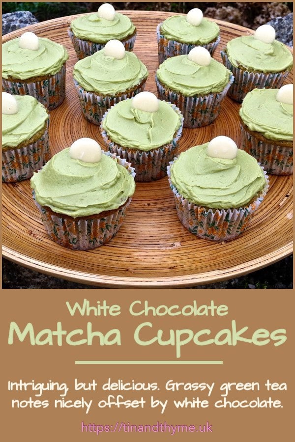 Tray of white chocolate matcha cupcakes.