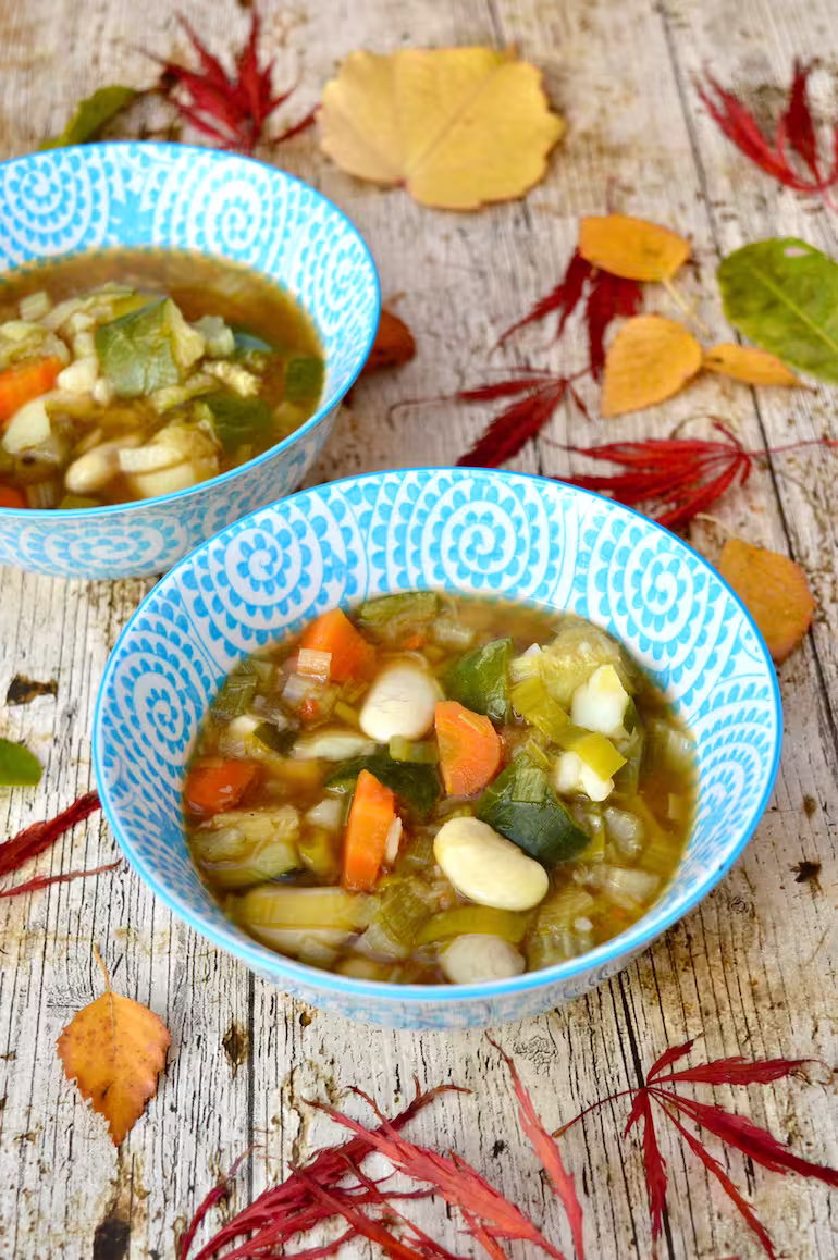Two bowls of simple chunky vegetable soup.