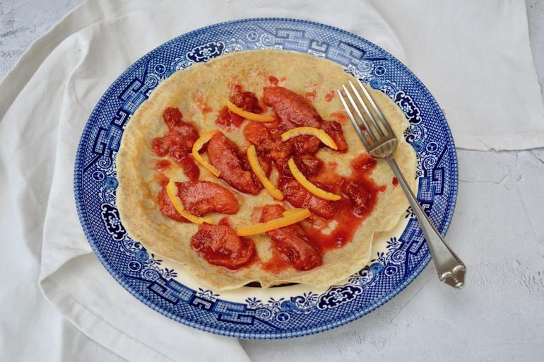 Wholemeal Pancake topped with sticky blood oranges.