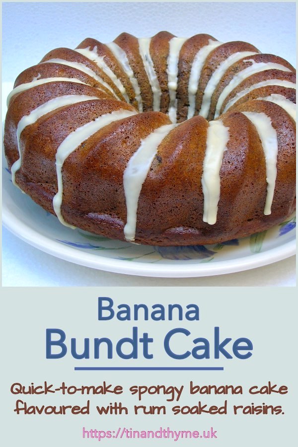 Quick Banana Bundt Cake with Rum Soaked Raisins.