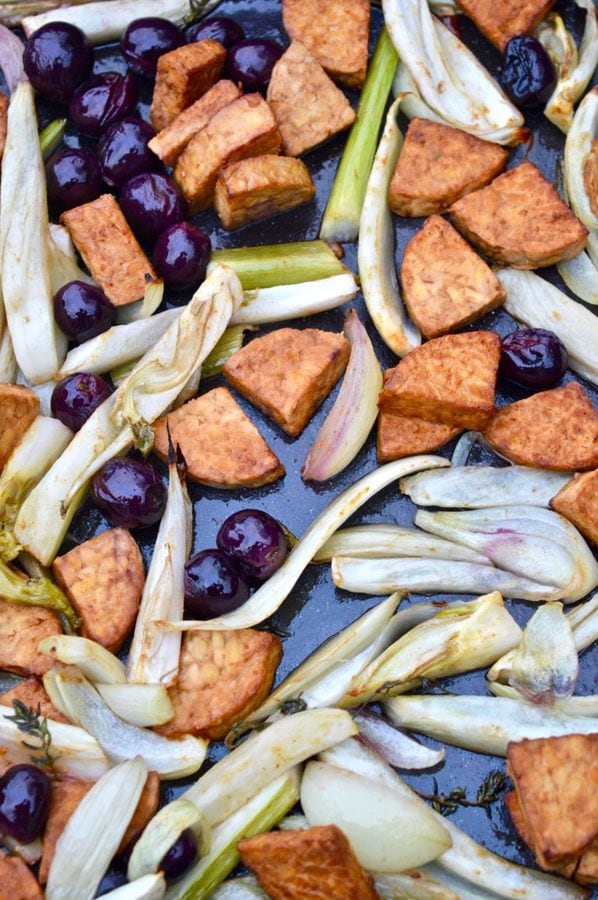 Roasting marinated tempeh, grapes and fennel.