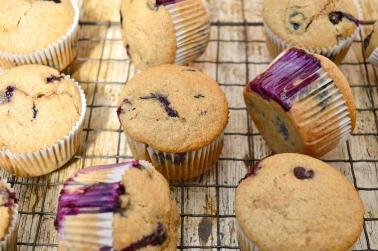 Vegan Blueberry Muffins made with wholemeal spelt flour.