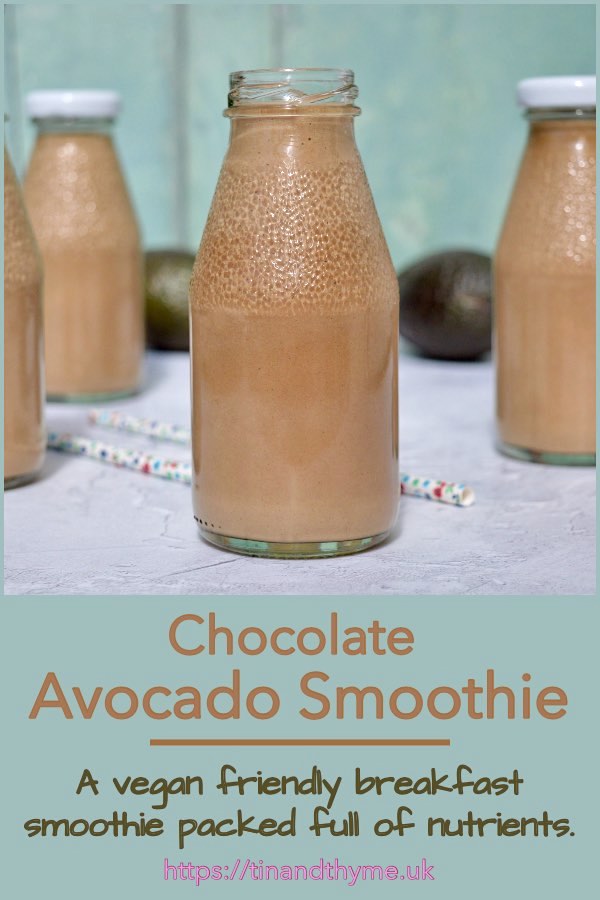 Bottles of chocolate avocado smoothie.