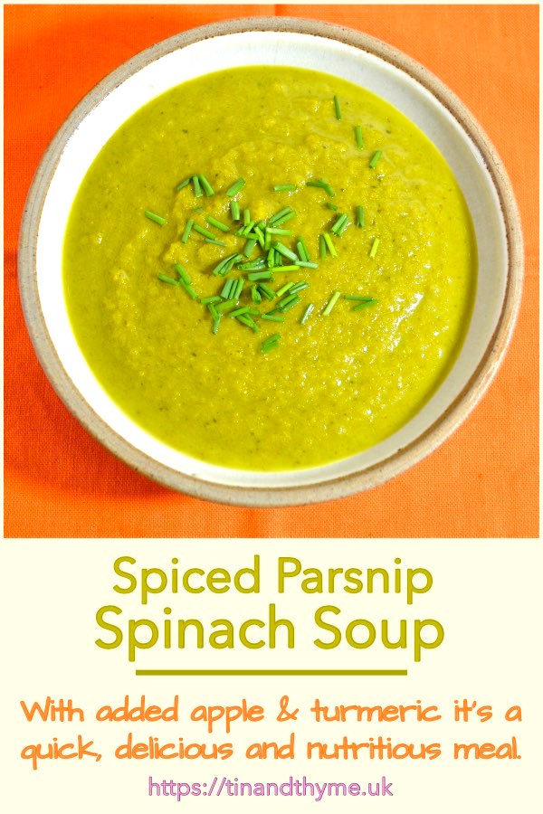 Bowl of spiced parsnip spinach soup.