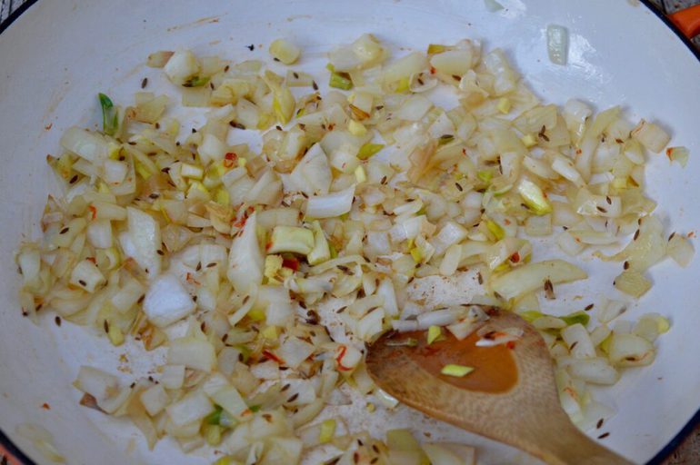 Spices frying with onions.