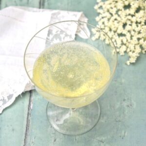 Glass of bubbling homemade elderflower champagne.