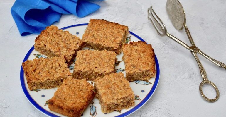 Plate of three ingredient jammy flapjacks.