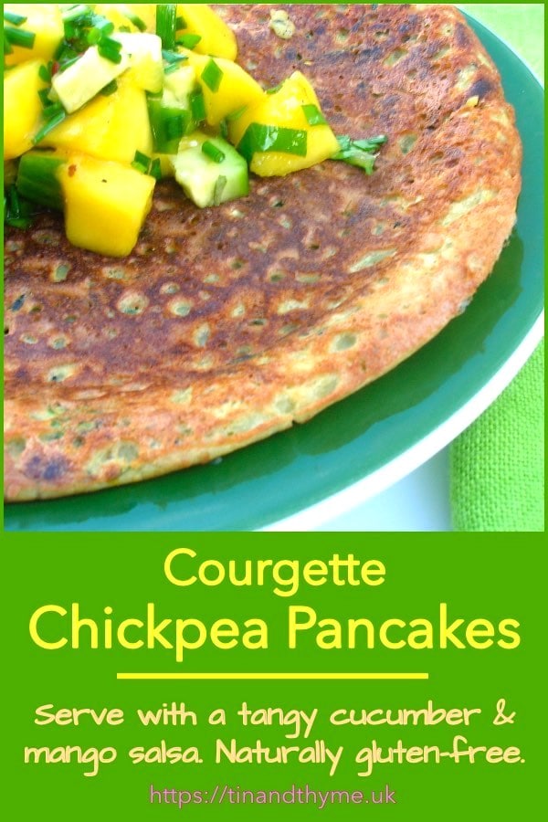 Courgette Chickpea Pancake with cucumber and mango salsa.
