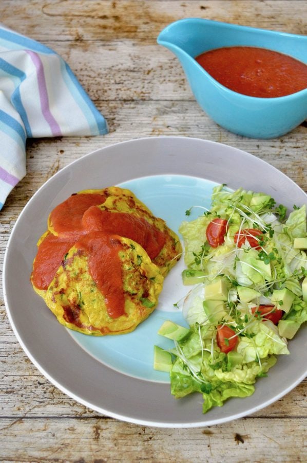 Courgette Sweetcorn Fritters with Chilli Tomato Sauce