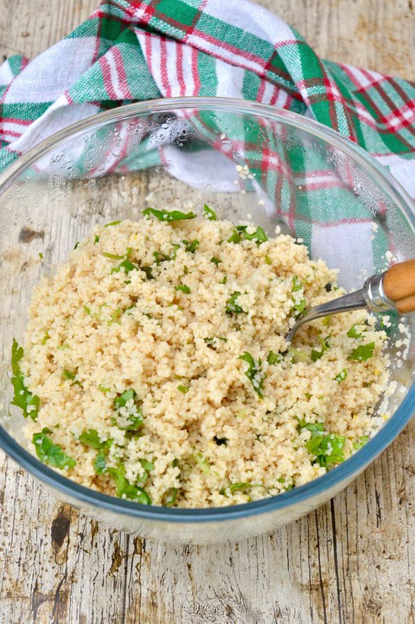 A bowl of lemon and coriander couscous.