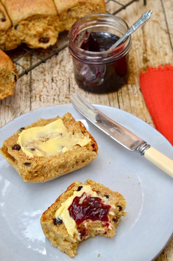 Cornish saffron buns spread with butter and jam.