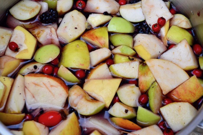 Foraged autumn fruit ready for simmering.