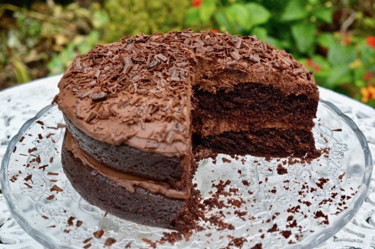 Celebratory Vegan Chocolate Cake with chocolate tofu icing and chocolate shavings.