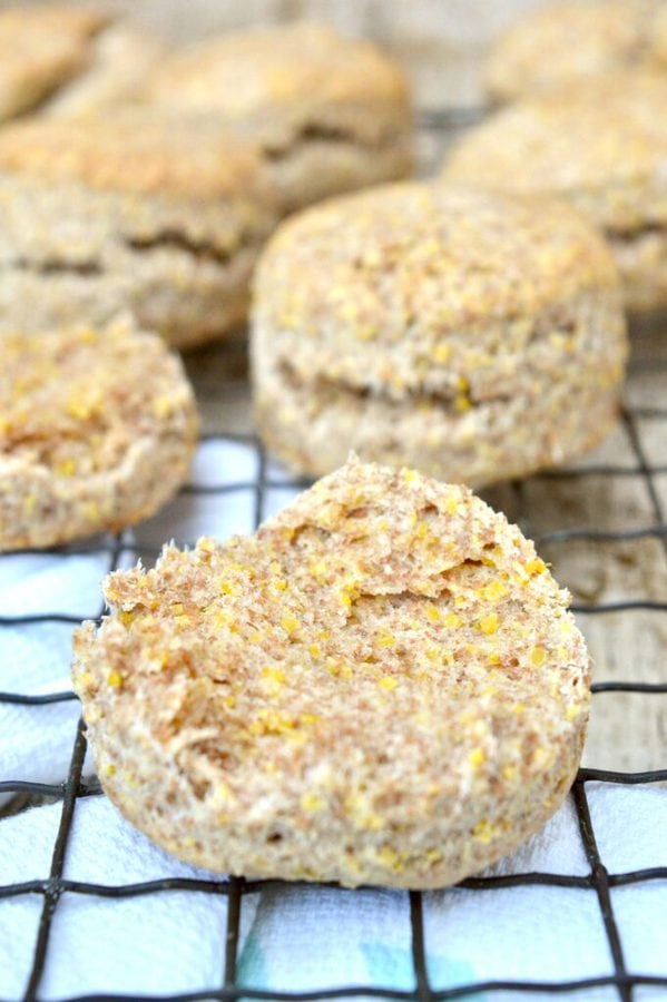 Vegan whole grain scones with one split in half.