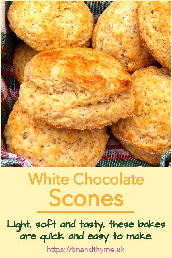 White chocolate scones in a basket.