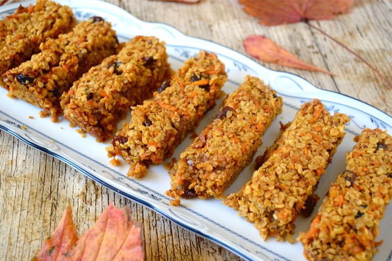 Carrot Cake Flapjacks on a plate with autumn leaves.