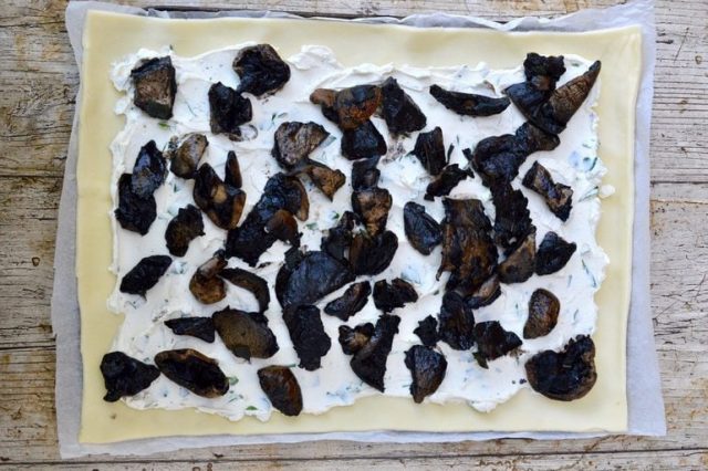 Cooked wild mushrooms scattered over cream cheese layer.