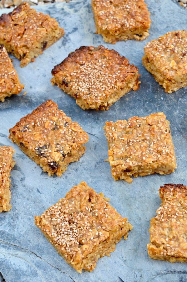 White Chocolate Halva Flapjacks on slate.