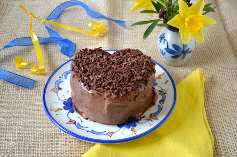 Heart shaped chocolate coconut cannellini cake filled and covered with vegan chocolate icing.