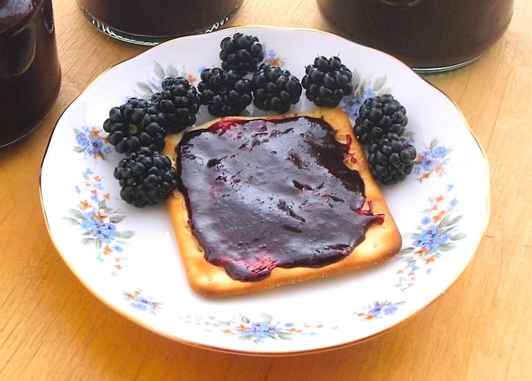 Chocolate Blackberry Jam on a cracker with blackberries.