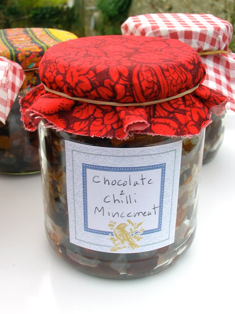 A jar of homemade chilli chocolate mincemeat.