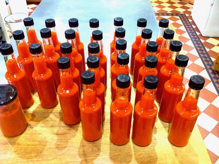 Bottles of homemade chilli sauce.