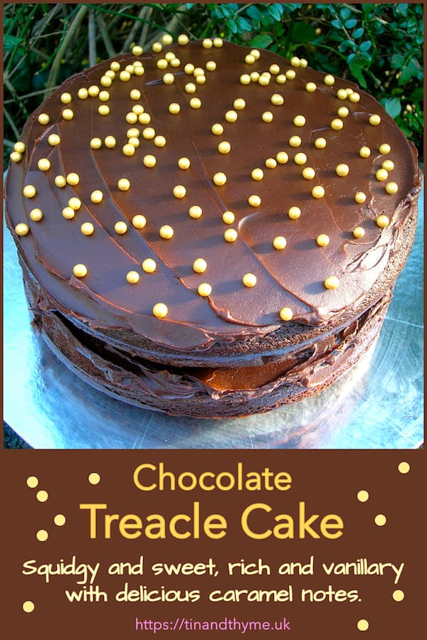 Chocolate Treacle Cake with icing and golden decorations on the top.