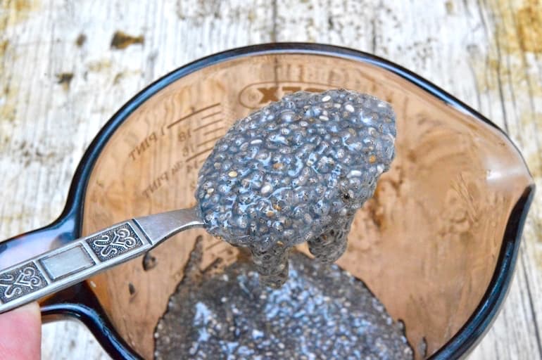 Soaked chia seeds on a spoon.
